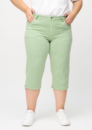 Lysegrønne regular capris, modellnavn Mints, som går rett ned langs benet på en plus-size-modell, sett forfra.