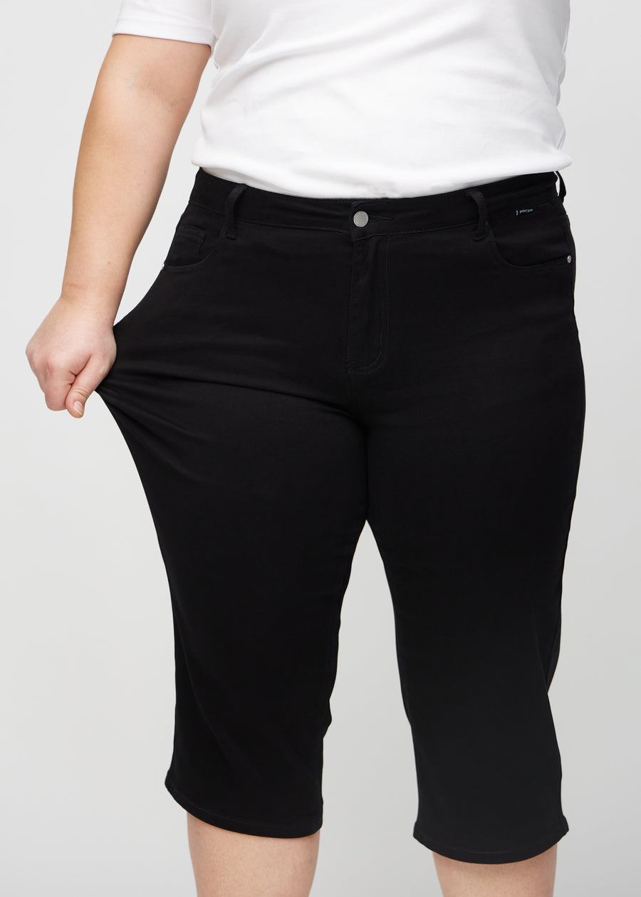 Plus-size modellen strekker caprisene ved låret for å vise stretch.