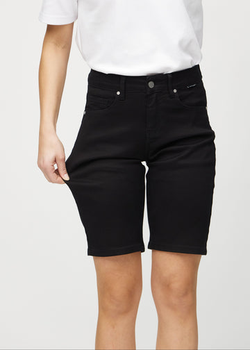 Modellen strekker shortsen ved låret for å vise stretch.
