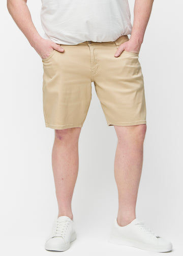 Beige shorts til herre i fargen Gazelles med regular passform sett forfra på plus-size modell.